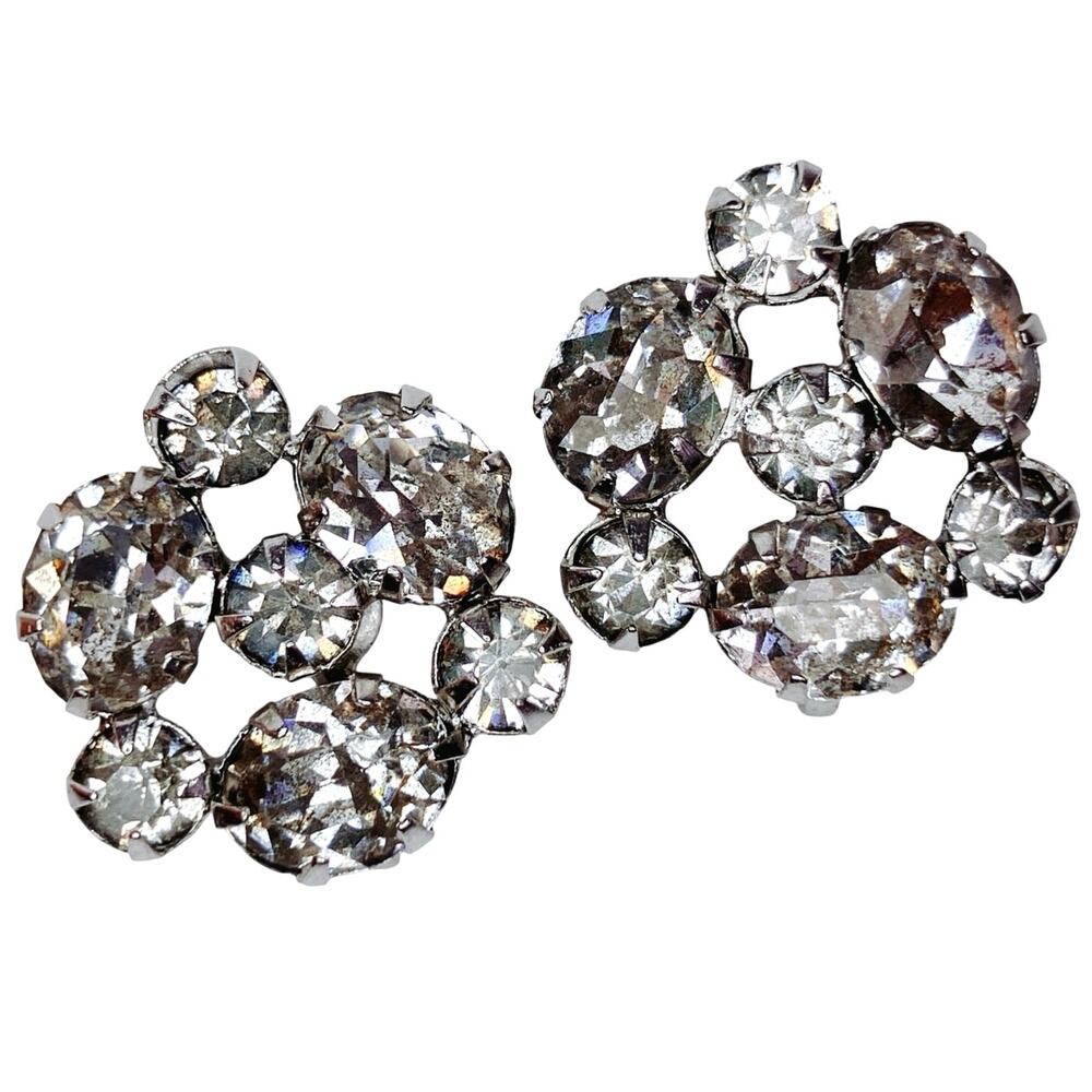 VTG 40s 50s Rhinestone Cluster Clip-On Earrings Mid-Century Sparkle, Silver Tone